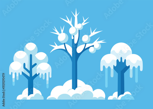 A collection of stylized blue winter trees with rounded white snow caps and long icicles resting on snow piles against a light blue sky.