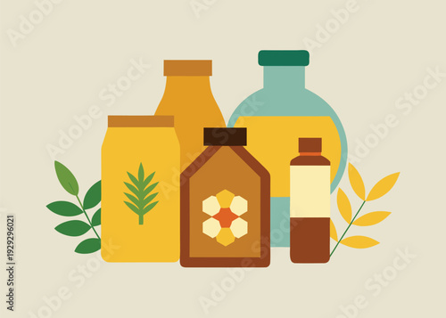 Four bottles of natural sweeteners like honey and syrup are arranged with green leaves and yellow wheat stalks on a light beige background.