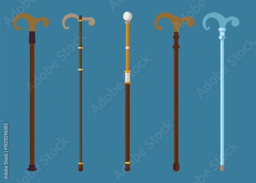Five diverse walking sticks and ornate canes including wooden and metallic designs are positioned vertically in a row against a solid blue background.
