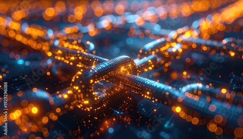Illuminated chain, data links, glowing orange and blue, abstract tech concept