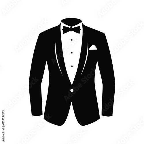 Elegant tuxedo with bow tie and pocket square silhouette vector illustration, tuxedo silhouette vector illustration