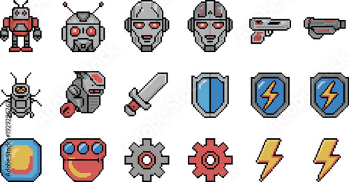 Retro pixel art robot game asset pack featuring cyborg heads, weapons, shields, icons, 8bit arcade RPG sprite collection