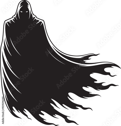 Black silhouette of a hooded figure in a flowing cloak