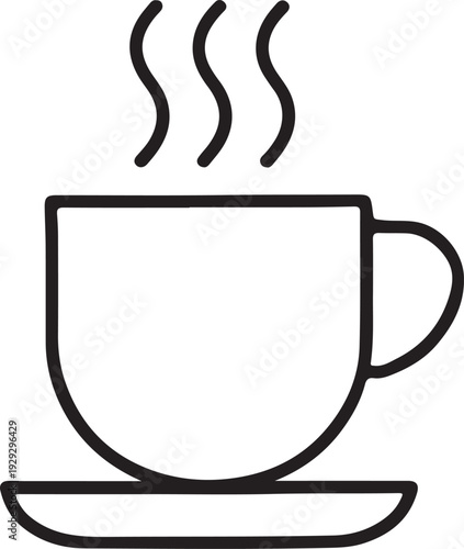 A simple black line drawing of a steaming hot cup of coffee on a saucer