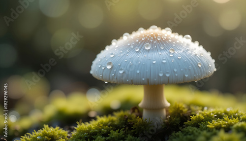 Close-up of a white mushroom with water droplets on its cap, surrounded by green moss in a natural forest setting during soft sunlight