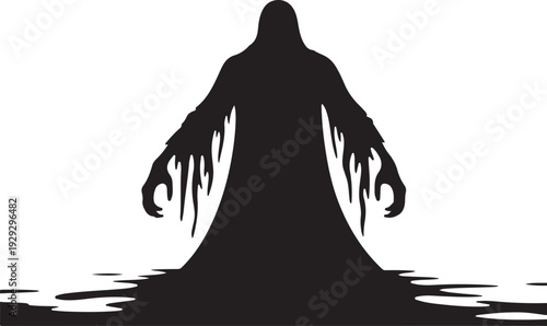 Black silhouette of a hooded figure with dripping wet cloak and hands emerging from water