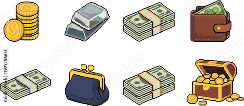 Retro pixel art money and treasure icons set, coins cash wallet chest and gold assets isolated background