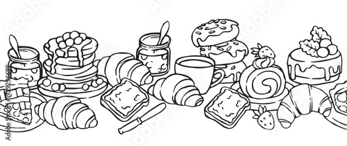seamless border of baked food, buns, and croissants. Doodle hand drawn illustration