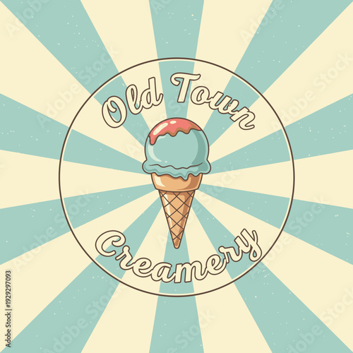 Ice Cream Cone Logo in Vintage Style for Old Town Creamery Brand