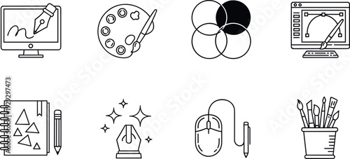 Graphic design and creative tools line icon set with color palette drawing tablet typography and branding elements