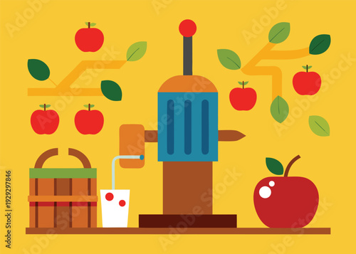A visual representation of the cider production process with an apple tree, red apples, a press, a basket, and a glass of juice.