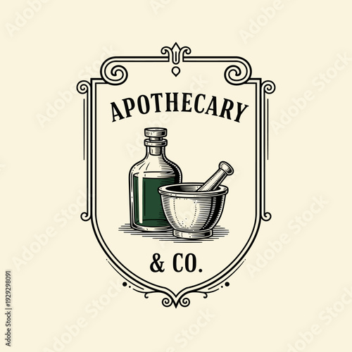 Vintage Apothecary Logo Illustration with Medicine Bottle and Mortar Pestle