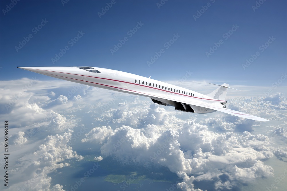 Obraz premium Hypersonic aircraft soaring through clouds in bright blue sky Generative AI