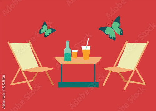 Two lounge chairs flank a small table with drinks, accompanied by two flying butterflies against a red background.