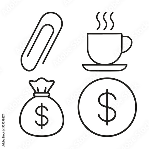 Black line art icons of a paperclip, steaming cup of coffee, money bag, and dollar coin
