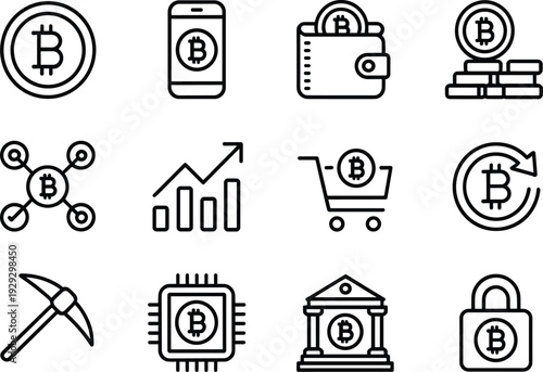 Bitcoin cryptocurrency symbols digital currency blockchain bitcoin, cryptocurrency, symbols, digital currency, blockchain, wallet, phone, shopping cart, graph, lock, pickaxe, computer chip, bank, stac