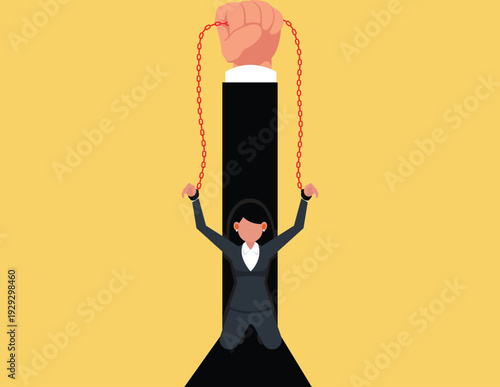 Corporate bondage. Businesswoman in a suit being strictly manipulated.