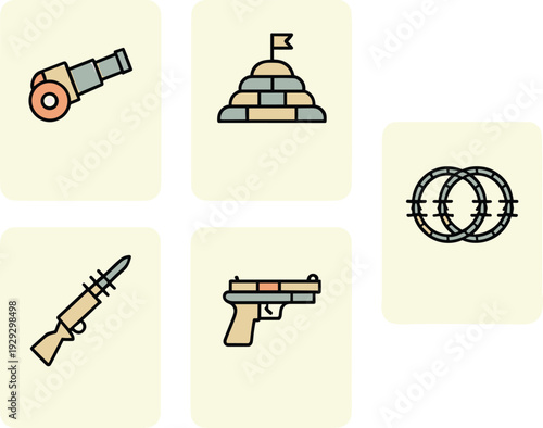 Cartoon style military and bunker guns rifle pistol military, bunker, guns, rifle, pistol, cannon, barbed wire, cartoon, beige, gray, orange, style, cartoon-style, depicting, various, military-related