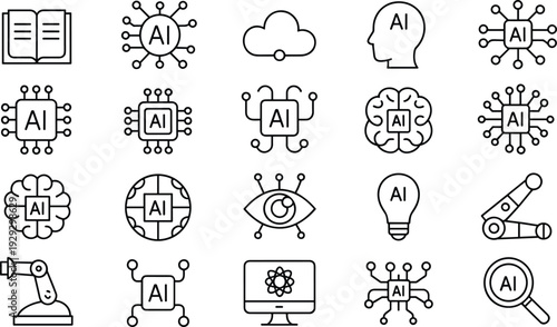 Artificial intelligence AI line icons set with machine learning, robotics, neural network and technology outline vector collection