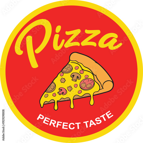 Colorful round pizza badge with delicious slice featuring melted cheese mushrooms tomatoes and olives perfect for restaurant branding and logo