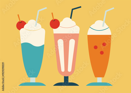 Three vintage ice cream soda floats in tall glasses, topped with whipped cream and cherries, set against a yellow background.