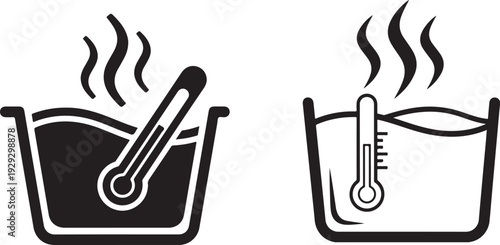 Washing machine temperature icons showing basin with water and thermometer for laundry care instructions and hot water settings for textiles