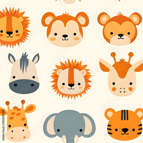 Illustrated faces of various safari animals in a colorful and playful style