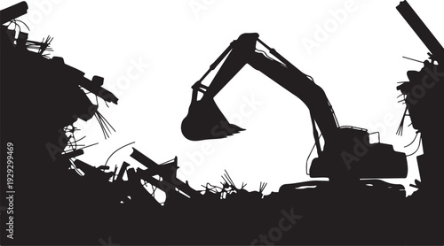 Black silhouette of excavator amidst rubble and debris