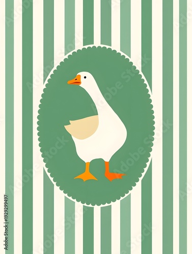 Illustration of a white goose standing on green and white striped background