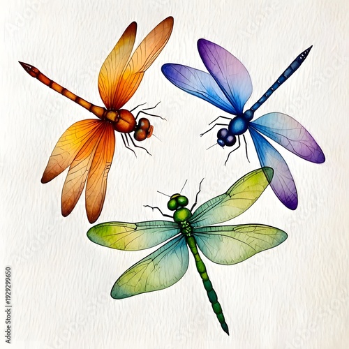 Three colorful watercolor dragonflies with vibrant wings painted on a white background