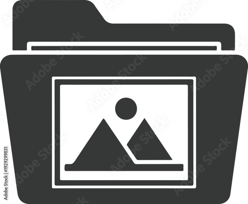 Simple flat icon representing a folder with a landscape picture inside, symbolizing image gallery, photo album or digital file storage