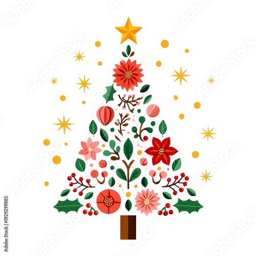 A festive Christmas tree decorated with flowers, leaves, and ornaments under a starry background