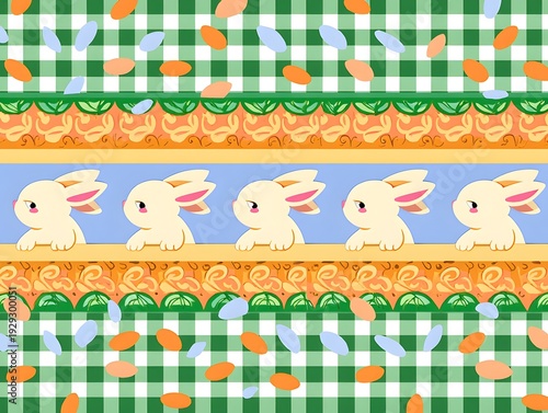 A playful pattern featuring rabbits on a green and orange checkered background with carrots