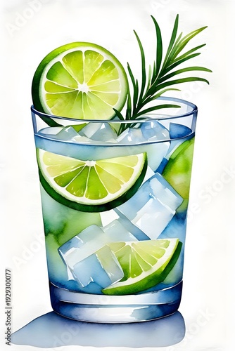 A refreshing cocktail garnished with lime slices and herbs over ice in a tall glass