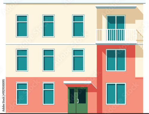 Colorful flat vector illustration of a modern three story apartment building with balconies and large windows isolated on white background for urban architecture design projects.