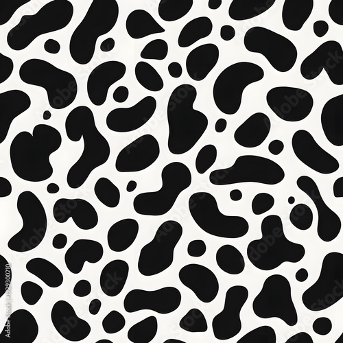 Abstract black and white pattern of irregular shapes and spots resembling cow spots or animal print