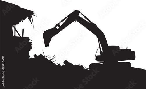 Black silhouette of excavator demolishing building