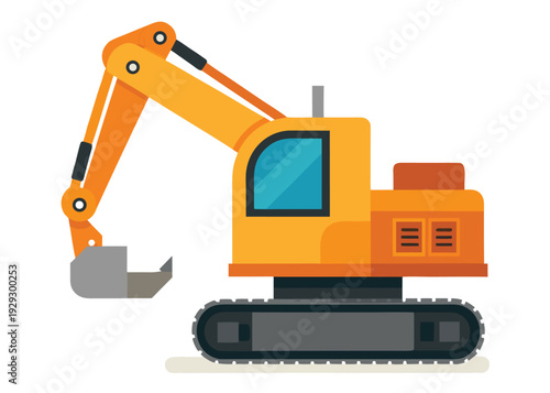 Detailed side view of an orange hydraulic excavator with a gray bucket on tracks against a white background.