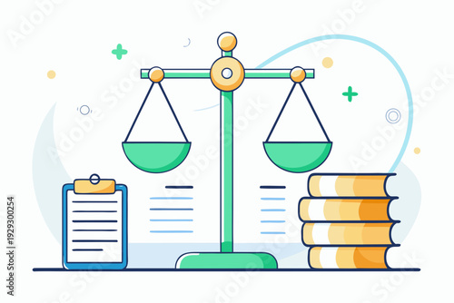 Balance scale sits between stacked books and a clipboard displaying text lines illustrating the weight of knowledge versus professional paperwork requirements.