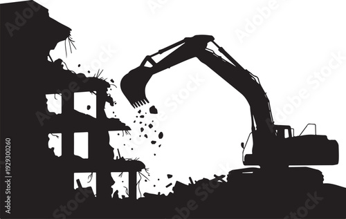 Black silhouette of excavator demolishing building