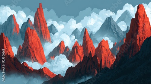 Pixelated Mountain Landscape with Jagged Peaks and Misty Clouds in a Digital Art Style featuring Red Cliffs and Grey Hues under Soft Diffused Light