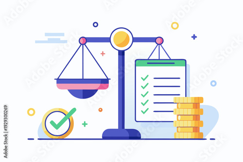 Justice scale contrasts with a tall stack of gold currency and a document marked with green checkmarks representing successful financial auditing.