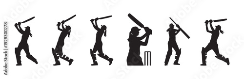 Silhouettes of female cricket players batting in various powerful hitting positions