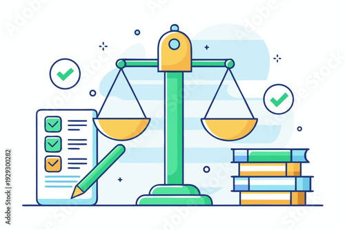 Balancing instrument stands near stacked reference books and a clipboard featuring checked items showing diligent study supporting legal or regulatory decision making.