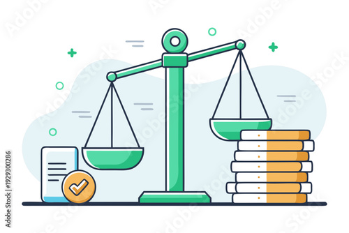 A central weighing device sits between a document with a confirmation stamp and a tall stack of layered coins illustrating proportional financial distribution or payment comparison.