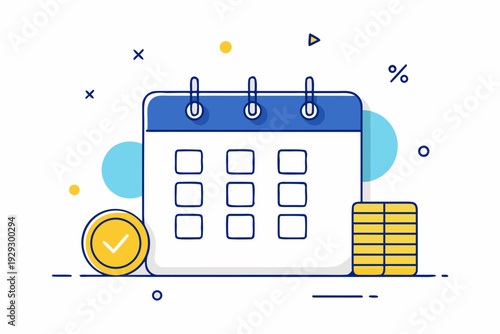 Organizational tool depiction illustrates a blue calendar next to a stack of coins and a large marked gold coin signifying a completed financial obligation or successful due date.