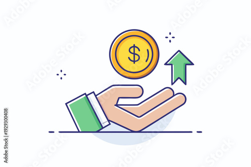 Stylized illustration of an open palm holding a golden dollar coin directly beneath an upward-pointing green arrow symbolizing financial growth and profit.