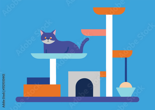 Domestic blue cat relaxing on a modern multi-level cat tree with various platforms and a small house.