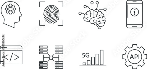 Artificial intelligence and software development line icon set with fingerprint 5G API database and mobile technology