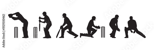 Silhouettes of male cricket players showing different positions during gameplay action